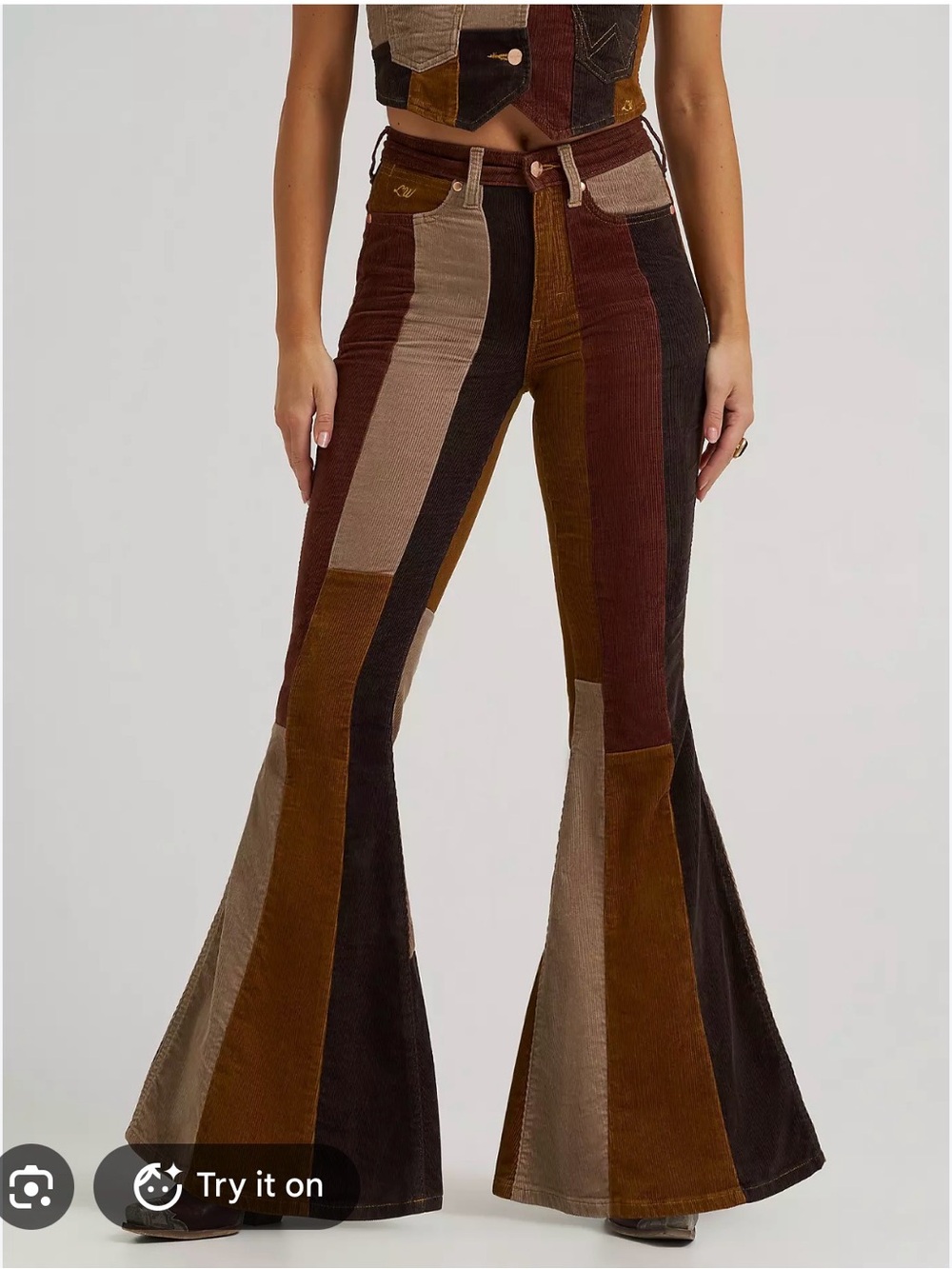 Lainey Wilson Wrangler Patchwork Corduroy Flare Pants in Brown Multi
